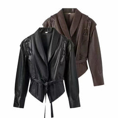 Women’s tailored faux leather blazer by Christine Brewer, stylish jacket with sleek design and classic lapel for versatile wear.