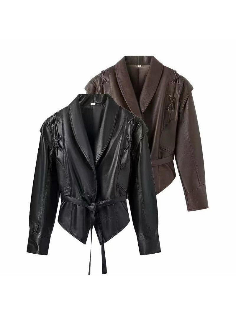 Women’s tailored faux leather blazer by Christine Brewer, stylish jacket with sleek design and classic lapel for versatile wear.