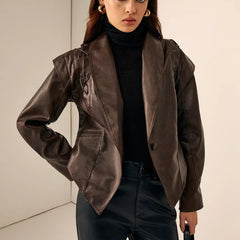 Brown faux leather blazer for women by Christine Brewer, tailored jacket with classic lapels and sleek fit.