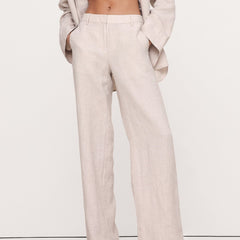 Linen cropped wide-leg drawstring trousers for women by Christine Brewer, featuring a loose pull-on style and relaxed fit.