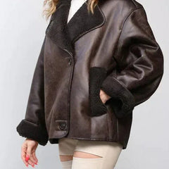 Hazel faux leather jacket for women by Christine Brewer, featuring a sleek design with draped details, perfect for stylish outerwear.