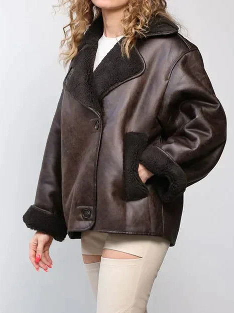Hazel faux leather jacket for women by Christine Brewer, featuring a sleek design with draped details, perfect for stylish outerwear.