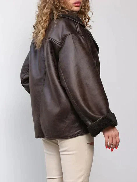 Hazel women's faux leather jacket by Christine Brewer, featuring a sleek design with draped details and modern style.