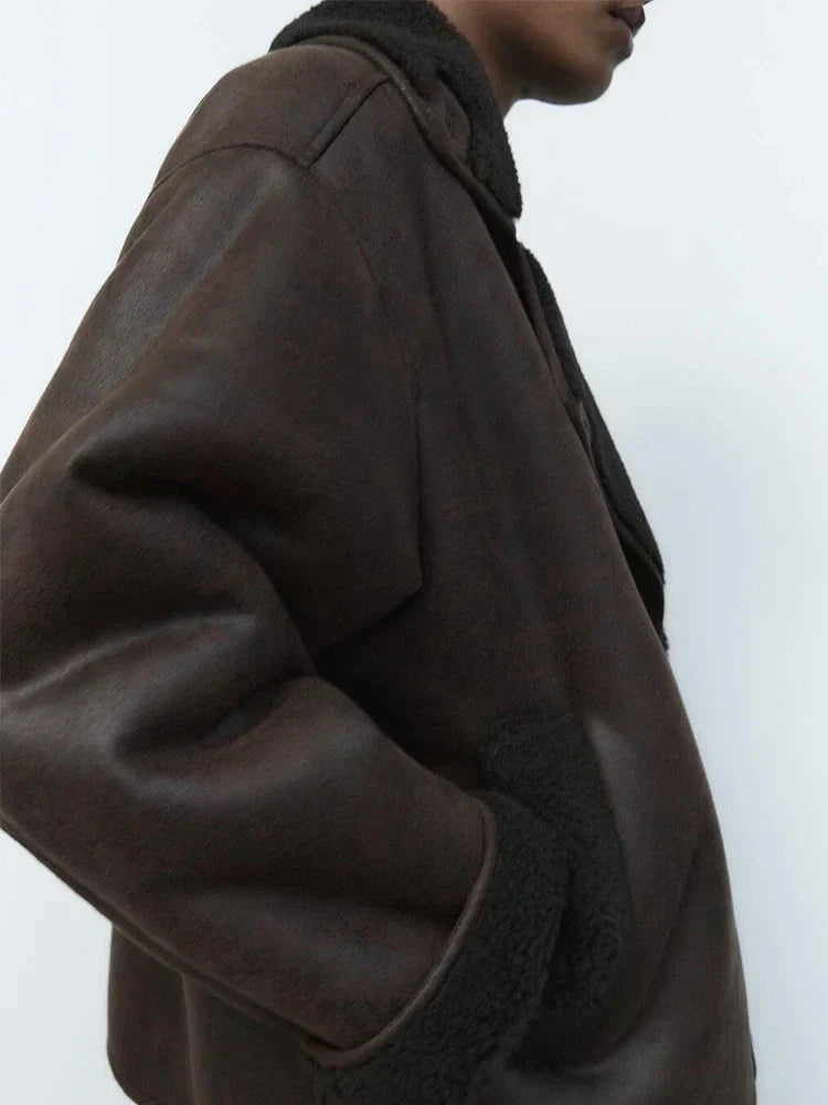 Cora Draped Faux Leather Jacket for Women by Christine Brewer, featuring a sleek design and stylish draped fit.