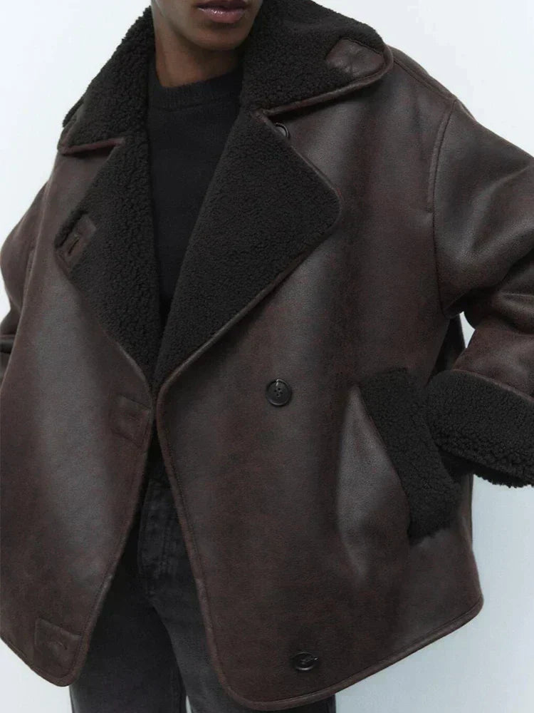 Hazel women's faux leather jacket by Christine Brewer featuring a sleek draped design and stylish silhouette.