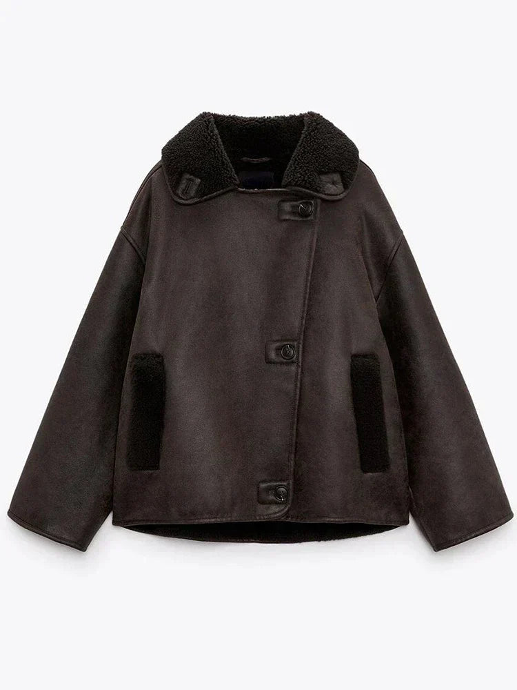 Hazel women's black faux leather jacket by Christine Brewer, featuring a sleek design with draped details, perfect for stylish wear.