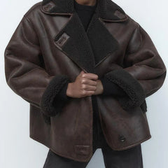 Brown faux leather jacket for women by Christine Brewer, featuring a sleek, draped design and stylish fit.