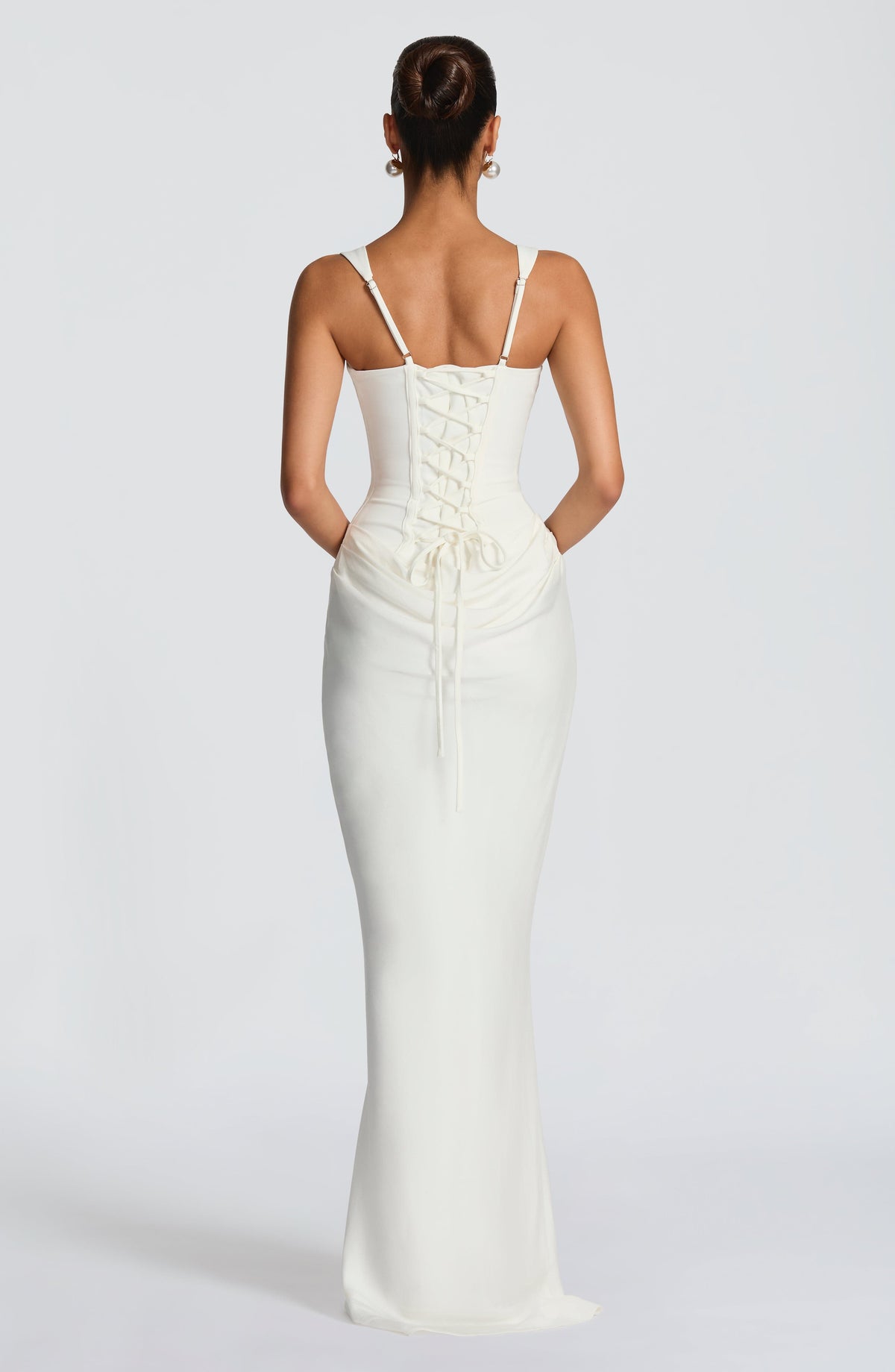 Ivory summer maxi dress for women with square neckline and bodycon fit by Christine Brewer, shown on a model.