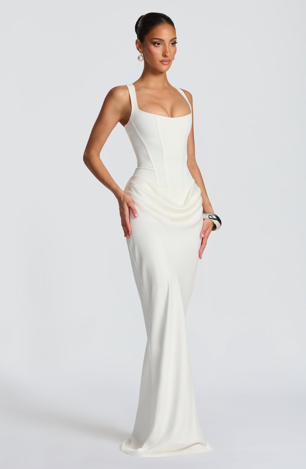 Ivory summer maxi dress for women by Christine Brewer featuring a square neckline and bodycon fit, perfect for warm-weather styling.