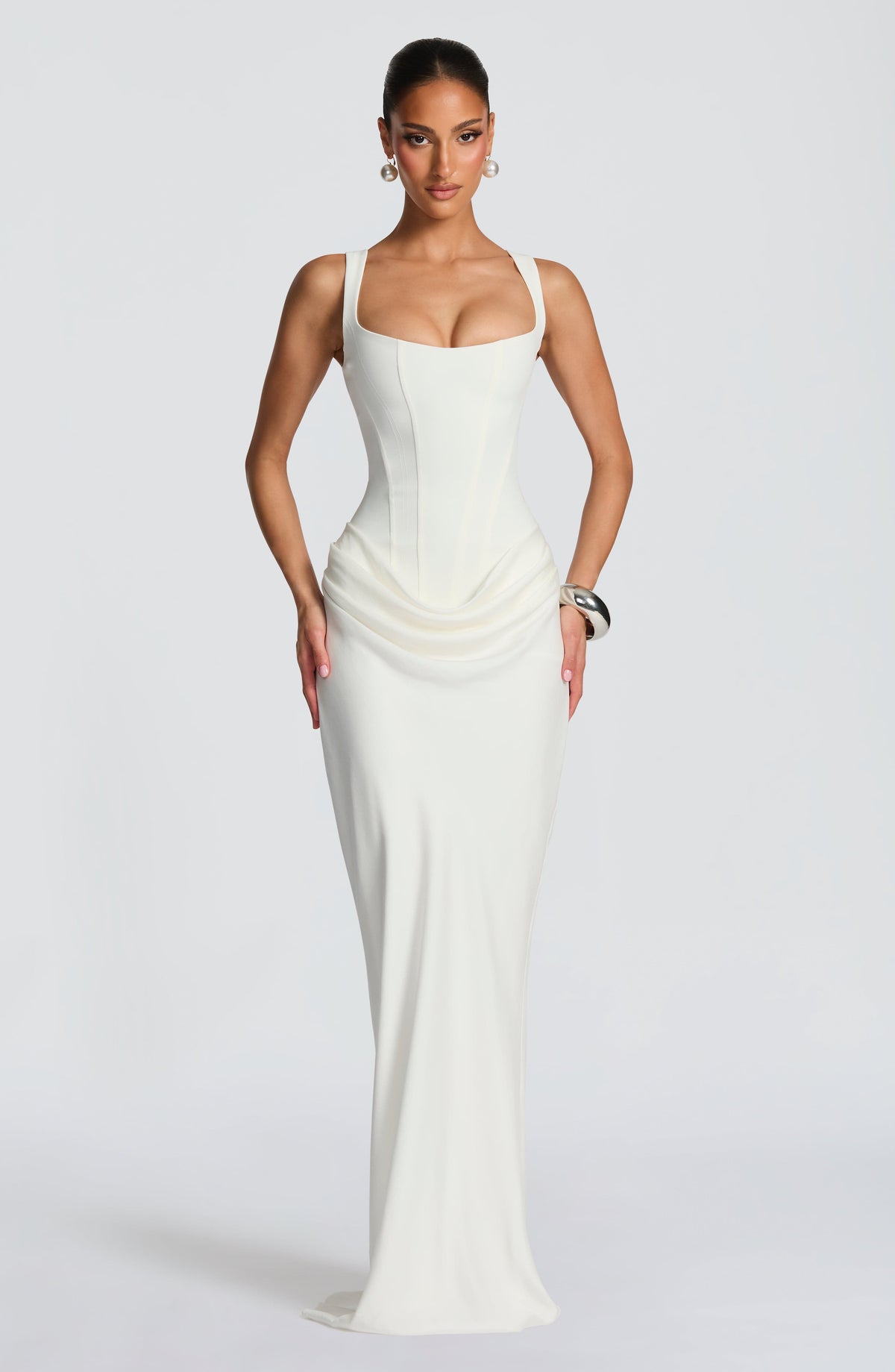 Ivory summer maxi dress for women with square neckline and bodycon fit by Christine Brewer, showcased on a model.