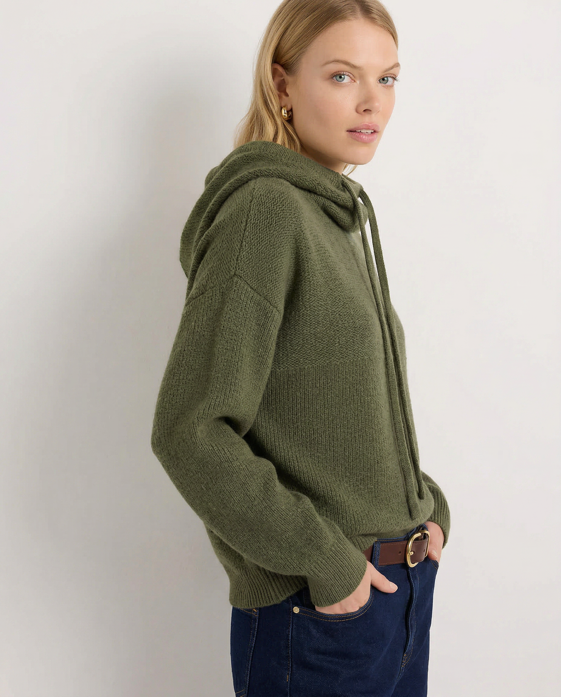 Fern ribbed hoodie for women by Christine Brewer, featuring a cozy, textured design in a relaxed fit with hood and long sleeves.