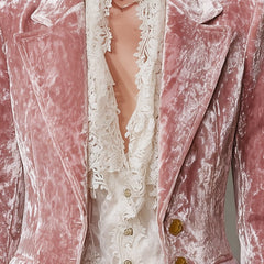Pink velvet blazer with gold buttons for women, stylish jacket from Christine Brewer, featuring a tailored fit and elegant design.