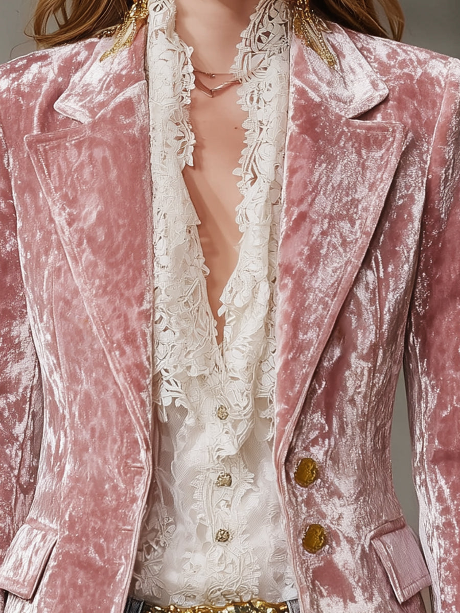 Pink velvet blazer with gold buttons for women, stylish jacket from Christine Brewer, featuring a tailored fit and elegant design.