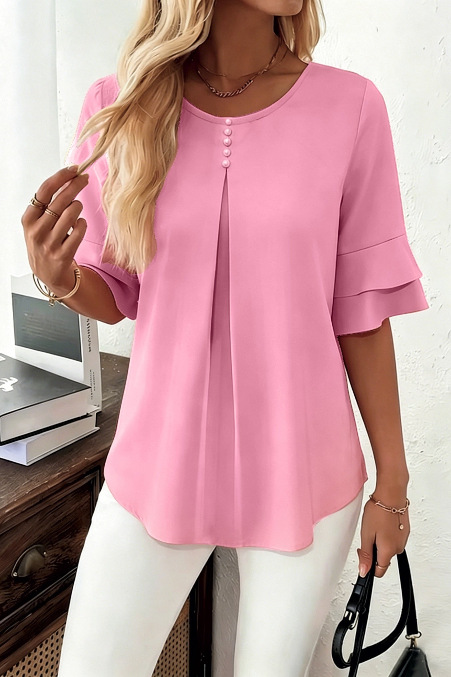 Sophia button-front top for women by Christine Brewer, featuring a stylish design and classic button details, shown in the image.