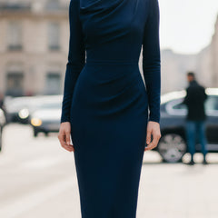 Navy draped long-sleeve midi dress by Christine Brewer, perfect for summer business attire, shown on a model.