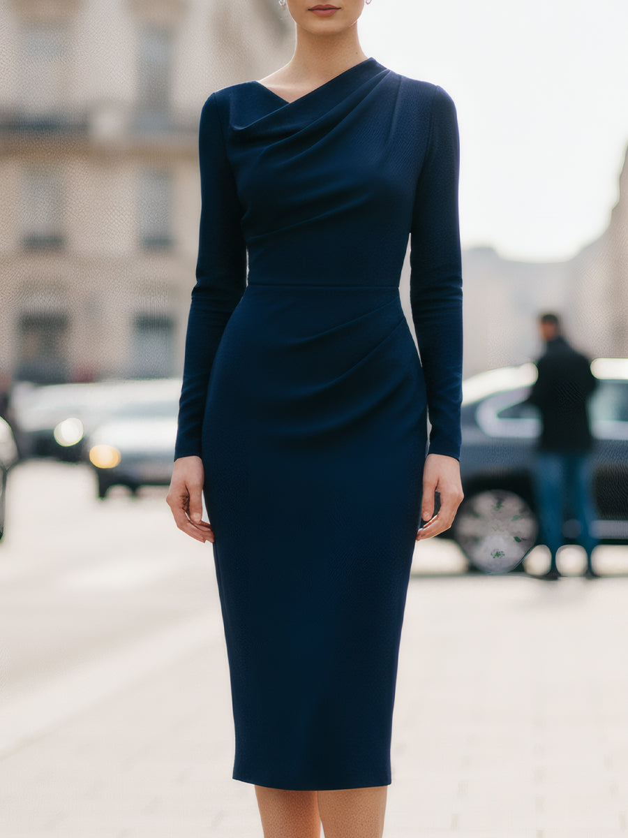 Navy draped long-sleeve midi dress by Christine Brewer, perfect for summer business attire, shown on a model.