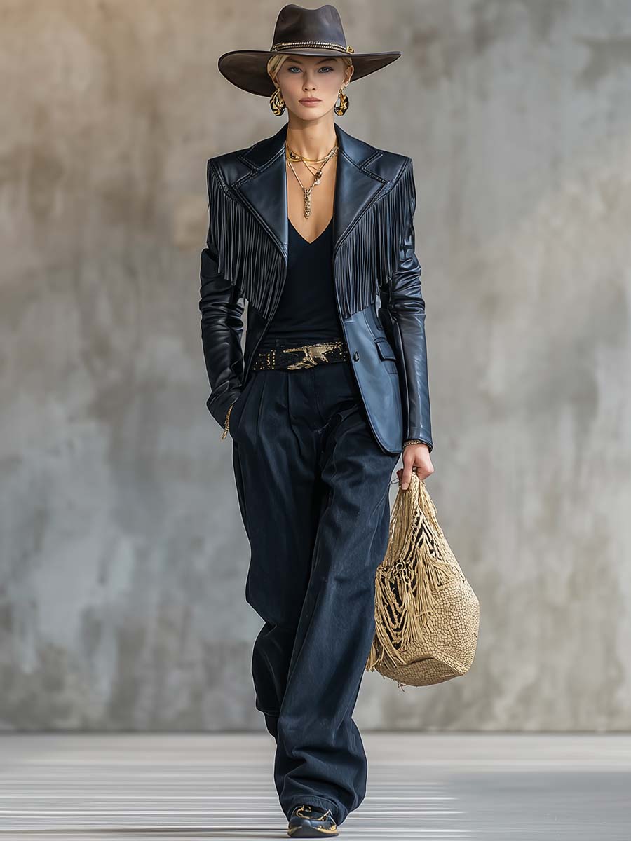 Black faux leather blazer with tassel details and notch lapel, stylish jacket by Christine Brewer, displayed on a hanger.