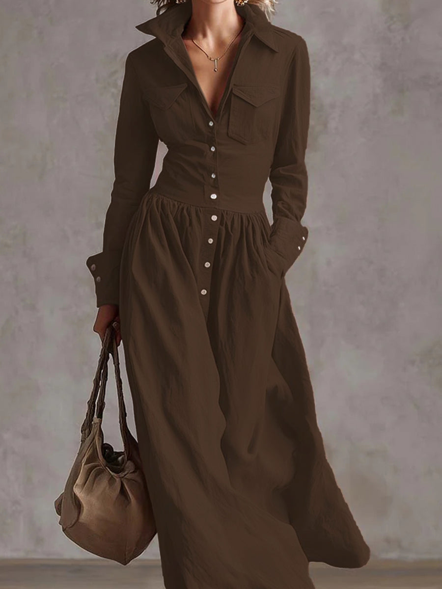 Christine Brewer high-waisted long sleeve maxi dress with pleated pockets, split-joint lapel, and solid color in a stylish, elegant design.