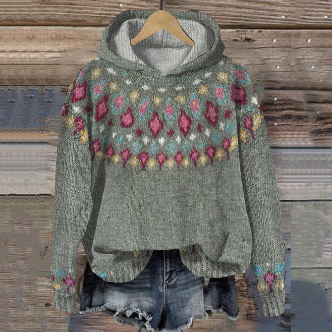 Elsie Nordic hoodie for women from Christine Brewer's #1752 Collection, featuring a cozy knit design and Nordic-inspired pattern.