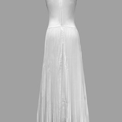 White Christine Brewer A-line maxi dress with loose pleats, V-neck, and solid color, perfect for casual or formal wear.