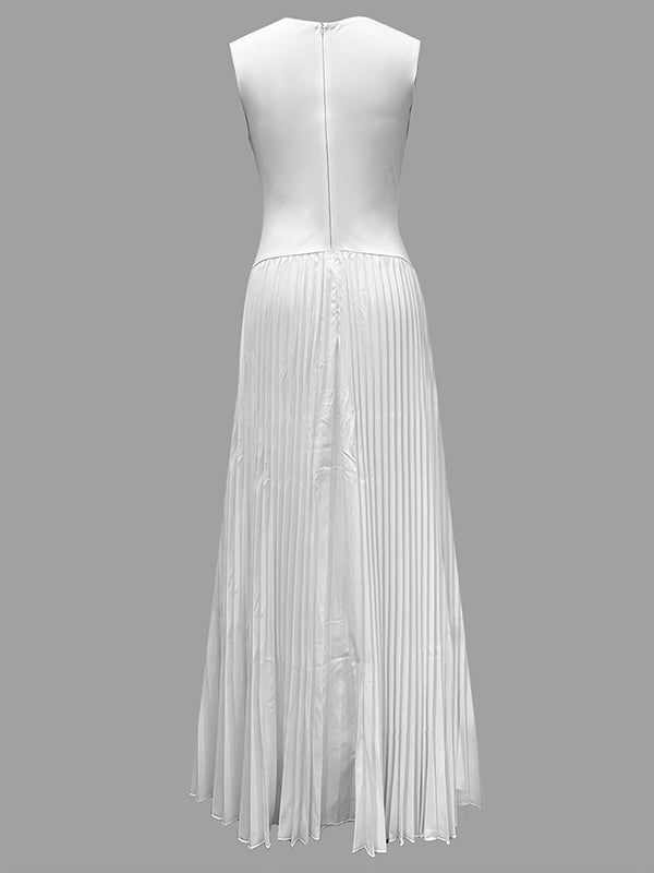 White Christine Brewer A-line maxi dress with loose pleats, V-neck, and solid color, perfect for casual or formal wear.