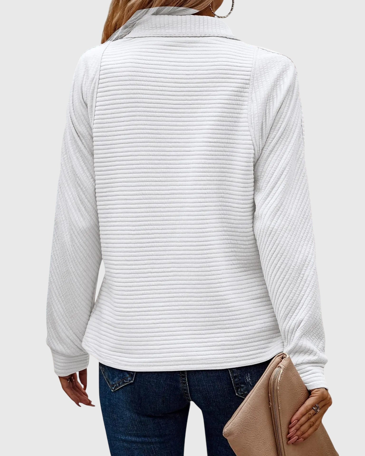 Women’s Ruth half-zip sweater by Christine Brewer, featuring a cozy knit design in neutral tones.
