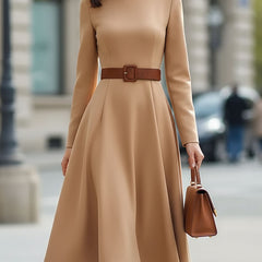 Elegant camel turtleneck belted midi dress by Christine Brewer, featuring a fitted silhouette and stylish design.