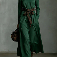 Color-blocked belted high-neck long-sleeve maxi dress by Christine Brewer, featuring a casual style and flowing silhouette.
