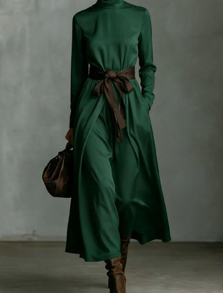Color-blocked belted high-neck long-sleeve maxi dress by Christine Brewer, featuring a casual style and flowing silhouette.