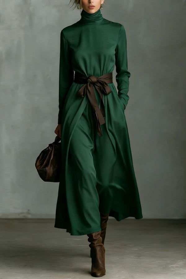 Color-blocked belted high-neck long-sleeve maxi dress by Christine Brewer, featuring a casual style and flowing silhouette.