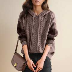 Thea Cable Knit Hoodie for Women from Christine Brewer's #1752 Collection, featuring cozy cable knit fabric and a relaxed fit.