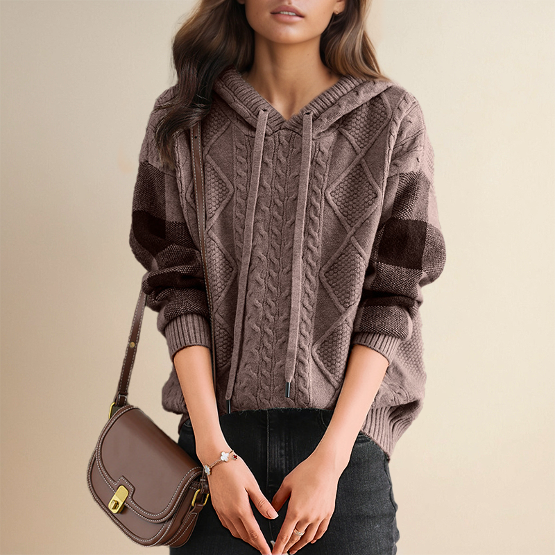 Thea Cable Knit Hoodie for Women from Christine Brewer's #1752 Collection, featuring cozy cable knit fabric and a relaxed fit.