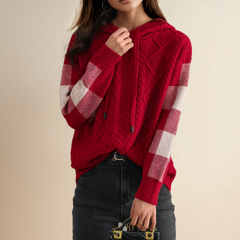 Women’s cable knit hoodie from Christine Brewer’s Thea #1752 Collection, featuring cozy knit fabric and a casual fit.