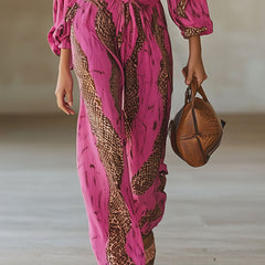 Rose red leopard print chiffon long sleeve jumpsuit for women, stylish and flowy, by Christine Brewer featuring pants style.