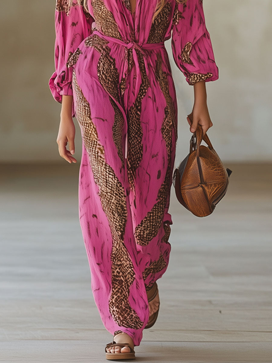Rose red leopard print chiffon long sleeve jumpsuit for women, stylish and flowy, by Christine Brewer featuring pants style.