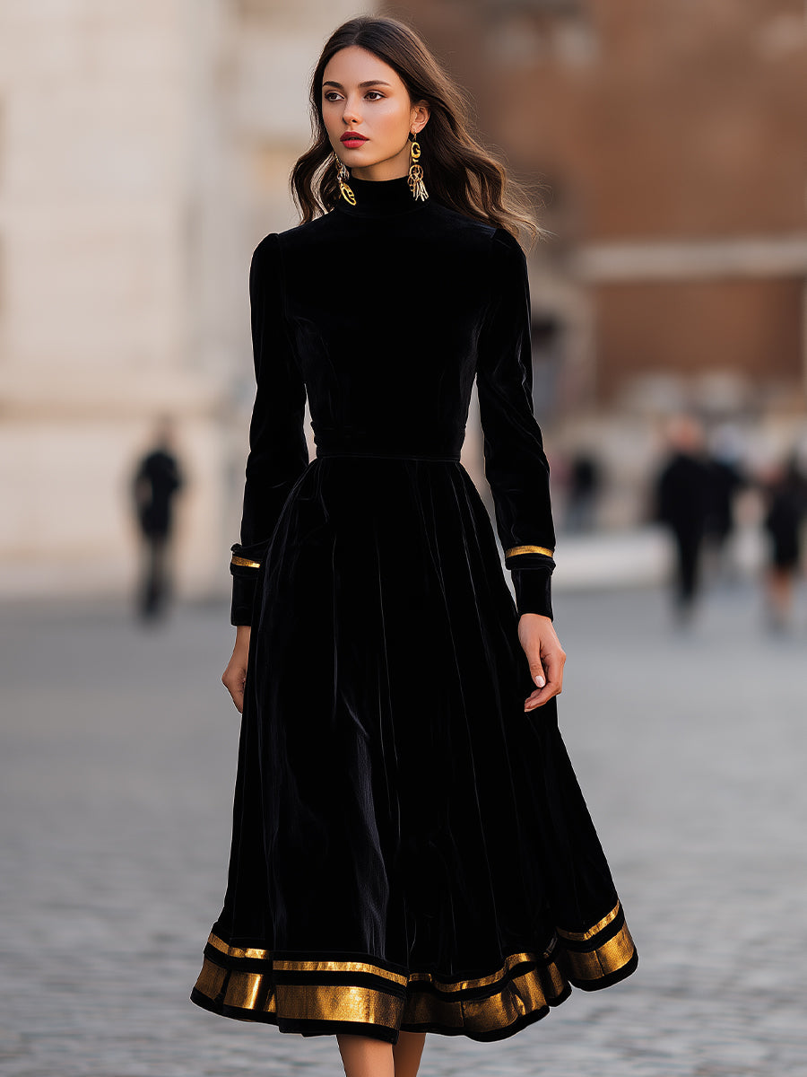 Elegant velvet midi dress by Christine Brewer featuring gold trim, showcasing a stylish and sophisticated evening wear look.