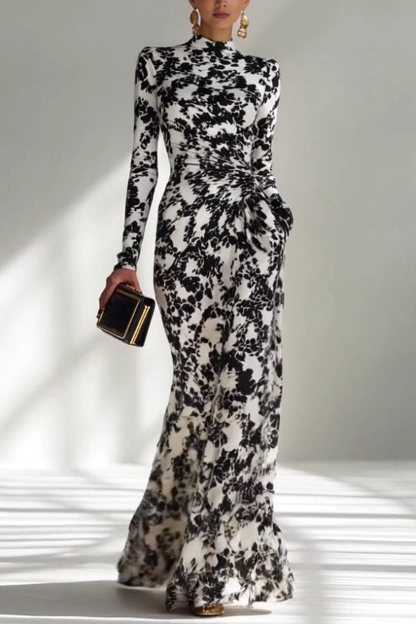 Black and white color-blocked printed long-sleeve maxi dress with pockets, slim fit, pleated design by Christine Brewer.