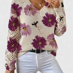 Christine Brewer Whitney floral V-neck cardigan for women, featuring a colorful floral pattern and lightweight knit fabric.