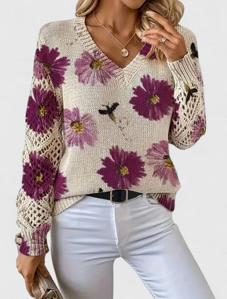 Christine Brewer Whitney floral V-neck cardigan for women, featuring a colorful floral pattern and lightweight knit fabric.