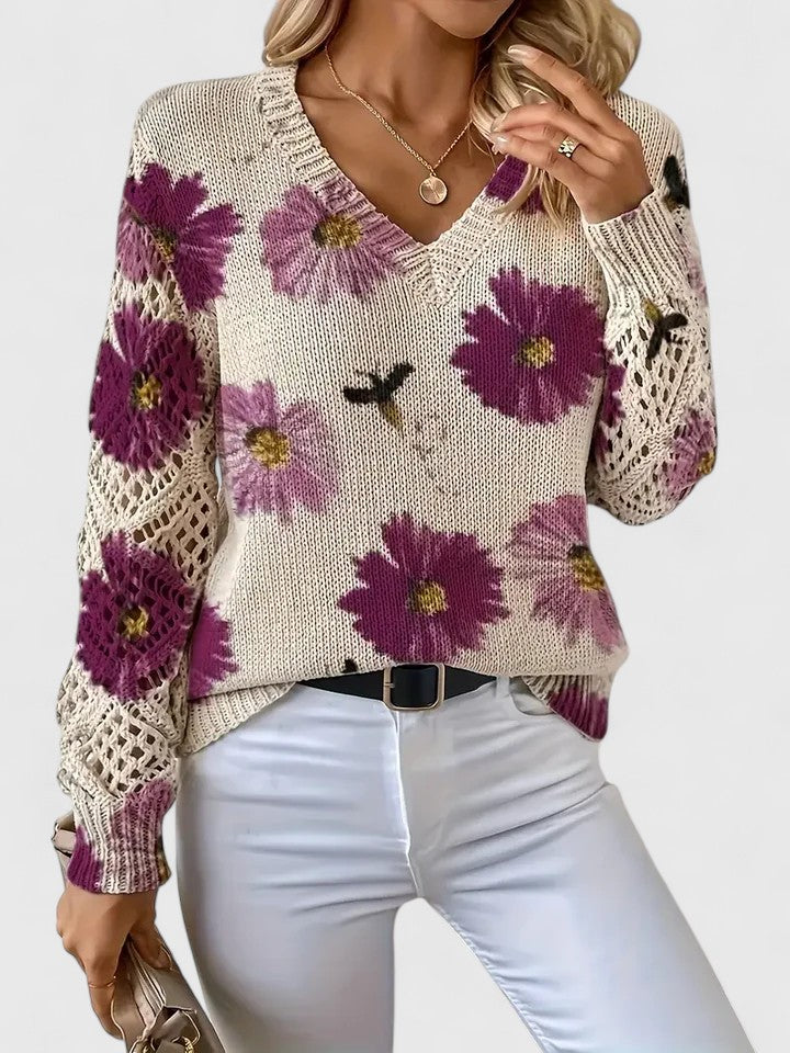 Christine Brewer Whitney floral V-neck cardigan for women, featuring a colorful floral pattern and lightweight knit fabric.