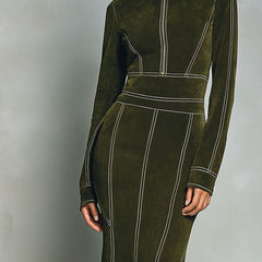 Olive green high-neck zip-up bodycon midi dress by Christine Brewer, fitted with long sleeves and a sleek silhouette.