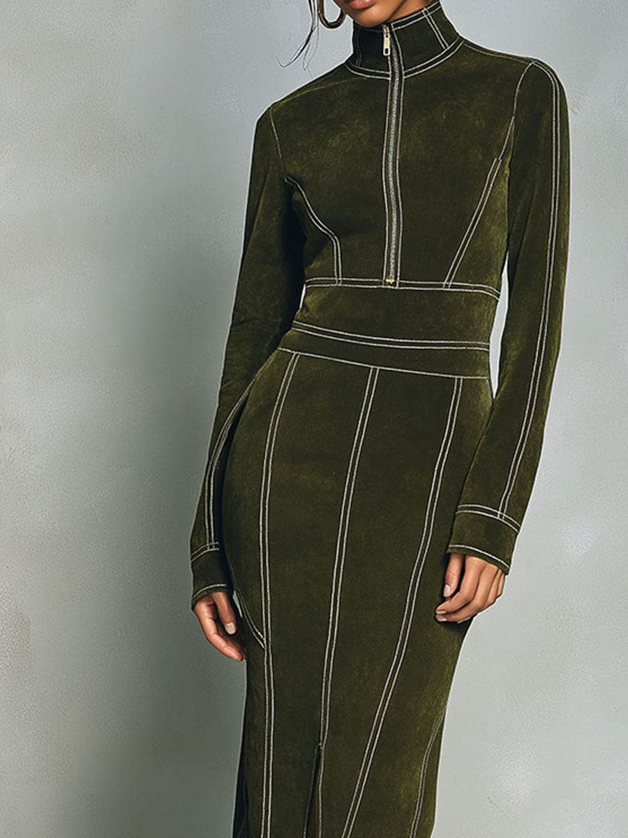 Olive green high-neck zip-up bodycon midi dress by Christine Brewer, fitted with long sleeves and a sleek silhouette.