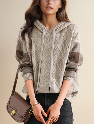 Women’s cable knit hoodie from Christine Brewer's Thea #1752 Collection, featuring a cozy, textured knit design.