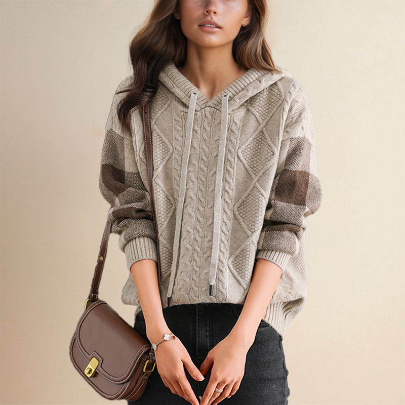Women’s cable knit hoodie from Christine Brewer's Thea #1752 Collection, featuring a cozy, textured knit design.