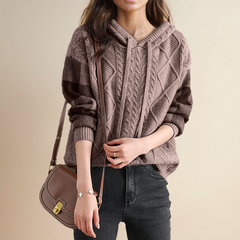 Cable knit hoodie for women from the Christine Brewer Thea #1752 Collection, featuring a cozy, textured knit design.