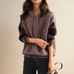 Close-up of the Christine Brewer Thea cable knit hoodie for women from the #1752 Collection, showcasing cozy knit texture.