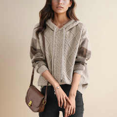 Women’s cable knit hoodie from the Christine Brewer Thea #1752 Collection, featuring a cozy, textured knit design.
