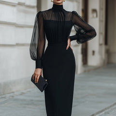 Christine Brewer high-neck sheer-sleeve pencil midi cocktail dress for women, showcasing elegant design and fitted silhouette.