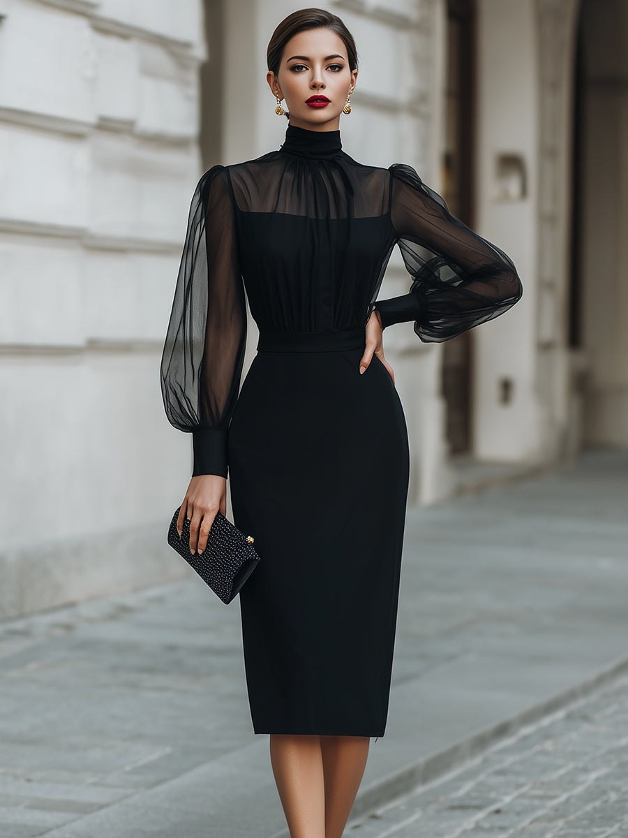 Christine Brewer high-neck sheer-sleeve pencil midi cocktail dress for women, showcasing elegant design and fitted silhouette.