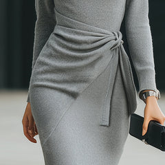 Grey knit side-tie bodycon midi dress by Christine Brewer, featuring a fitted silhouette and stylish side tie for summer business wear.